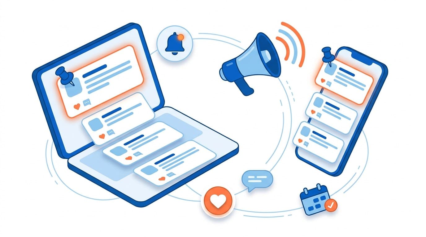 Timeline de avisos de um evento na plataforma Softaliza, no celular, com um comunicado fixado da organização, reações e comentários dos participantes