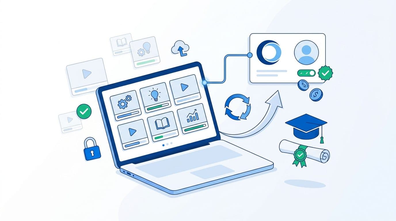 Catálogo de cursos da associação como benefício de sócio, ligado à adimplência e à renovação da anuidade