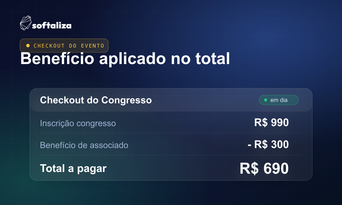 Mockup de checkout de evento com desconto de associado aplicado automaticamente