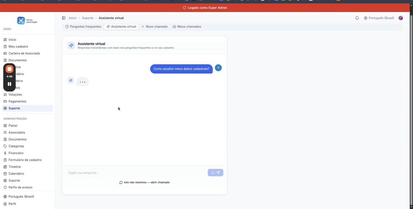 Assistente Virtual com IA da Softaliza, mostrando o chat onde o associado pergunta como atualizar dados cadastrais e a IA responde instantaneamente