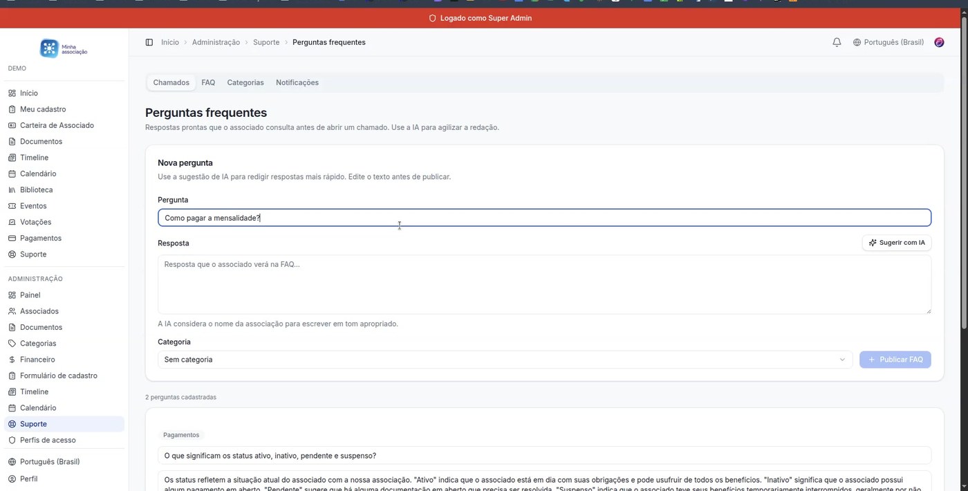 Tela do admin cadastrando FAQ com botão Sugerir com IA destacado, que escreve a resposta automaticamente considerando o tom da associação